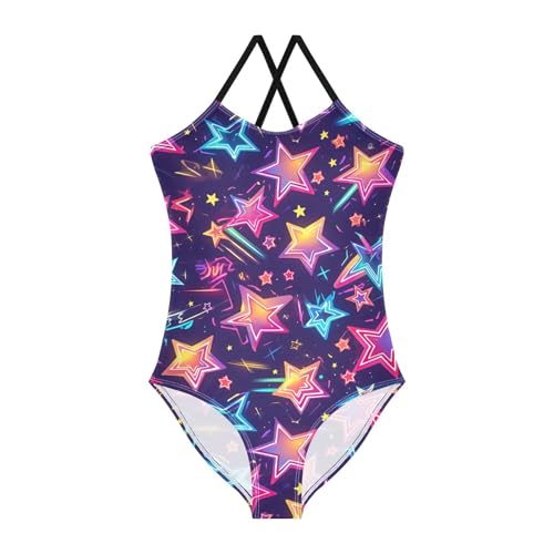 KLL Stars Neon Colorful Fashion Bathing Suit for Girls, 1 Piece Swimming Suits Adjustable Strap Quick-Dry Summer 4T
