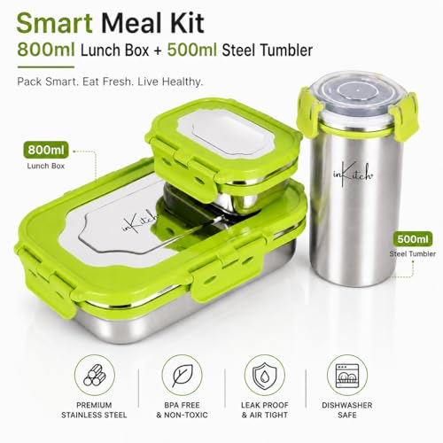 Image of Insulated Stainless Steel Lunch Box Combo Set 800ml with Airtight Leak-Proof Clip Lock Lid, Durable (Green Tiffin with Bottle)