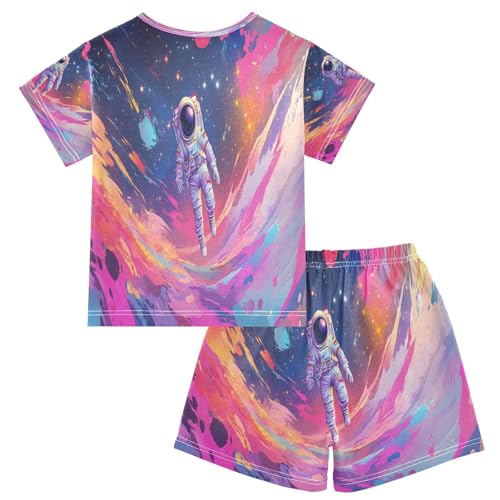 ALAZA Astronaut Colorful Pajamas Set Short Sleeve Cotton Sleepwear Summer Pjs 2 Piece 5-14Y2
