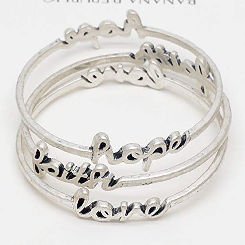 Jewelry Antique Silver Plated FAITH HOPE LOVE Bracelet Adult Triple Twist Bangle for Women2