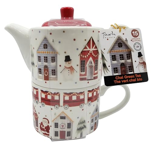 Cofanetto Teiera e Tazza di Natale con 15 Bustine Piramidali | Tè Verde Chai | Set in Ceramica Festivo | Tè Speziato e Rilassante | Idea Regalo di Natale
