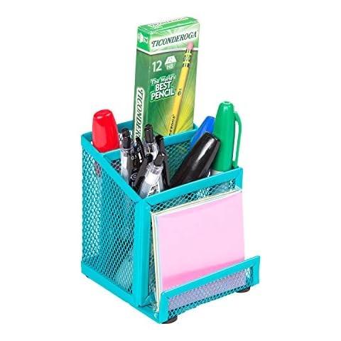 Pro Space Mesh Pen Holder Metal Pencil Holder,Business Card Holder for Desk Office Pen Organizer,a Note for Free, 3.86"*4.06"*4.6", Sky Blue Cover