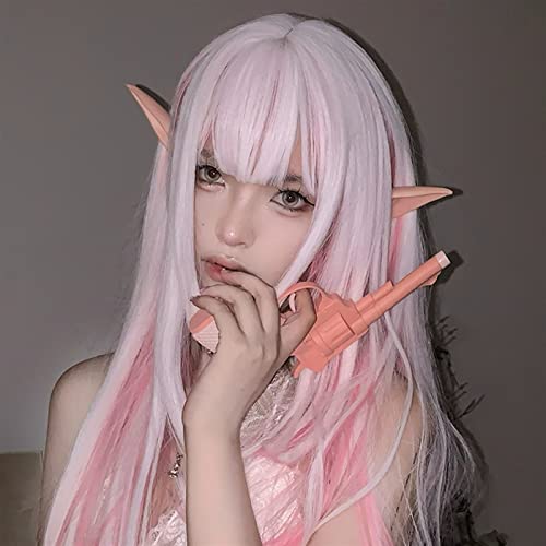 Perruque de cheveux longs et raides blanche rose synthétique avec frange