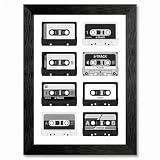 Framed Canvas Wall Art Retro Minimalist 8-Track Cartridges Monochrome Grayscale Vintage Tech Grid Canvas Print Poster Black Frame Wall Decor for Living Room Office Music Studio Decor, 70s - 8x10 Inch
