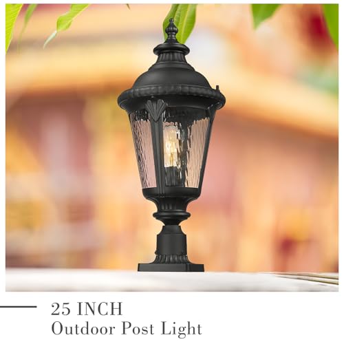 Image of Emliviar 25 inch Lamp Post Light Fixture with Water Ripple Glass, Waterproof Outdoor Pole Light in Black Finish for Yard and Garden, XE265P-SW BK