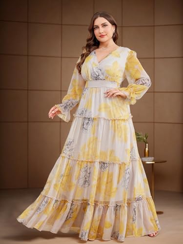 Image of Spring Summer 2024 Plus Size Womens Dresses V Neck Casual Elegant Long Sleeve Floral Print Maxi Dress