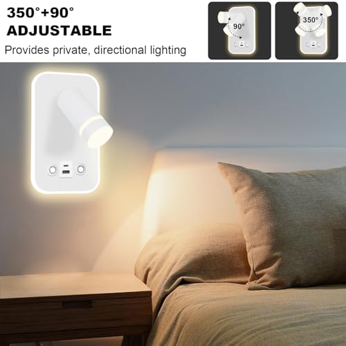 HUIZHOU Reading Lamp Wall Mounted LED Wall Lamp Touch Control 3 Color Temperatures and 12W USB Charging Port 350° Rotating Bed Reading Light Living Room and Bedroom (Rectangle White) - Image 3