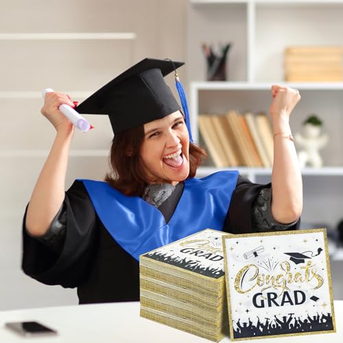 80 Pack Graduation Paper Napkins, White Gold Congrats Grad Graduation Party Disposable Beverage Napkins for School University College Grad Dinner Table Decor - Thumbnail 6