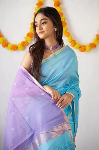 Image of Women's Cotton Woven Soft Sarees With Attach Blouse Piece.