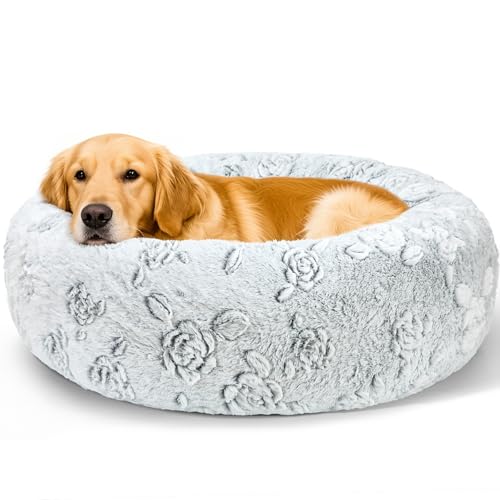 Image of Dog Calming Beds for Small Medium Large Dogs - Round Donut Washable Puppy Dog Bed, Anti-Slip Faux Fur Fluffy Donut Cuddle Anxiety Cat Pet Bed (36 inch Rose)