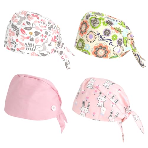 Zidoley Lot de 4 bonnets chirurgicaux en coton unisexe - Pour homme et femme - Réglables avec cordon de serrage et bandeau anti-transpiration - Réutilisables - Pour médecins, soins et dentistes, Série