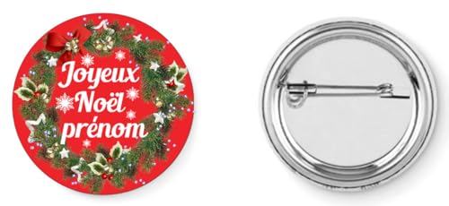 Générique - Badge broche pins joyeux noël prénom fête famille repas 37mm handmade cadeau
