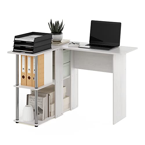Furinno Abbott L-Shape Desk with Bookshelf, White Oak/Chrome - image 1
