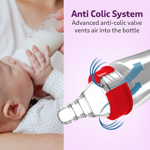 Image of LuvLap Anti-Colic Wide Neck Natura Flo Baby Polypropylene and Silicone Feeding Bottle, 250Ml (Pack of 6), New Born /Infants /Toddler Upto 3 Years, BPA Free, Pack of 6, White & Red