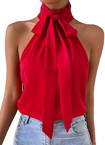 Verdusa Women's Tie Knot Halter Neck Sleeveless Blouse Shirt Top Red S