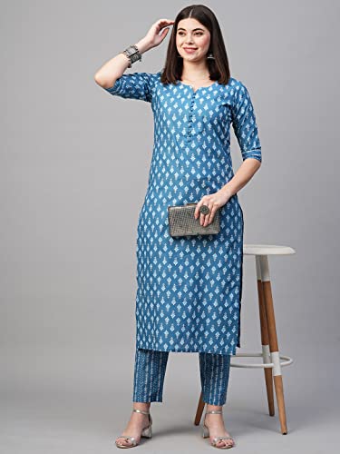 Image of GoSriKi Women's Cotton Blend Printed Straight Kurta With Pant