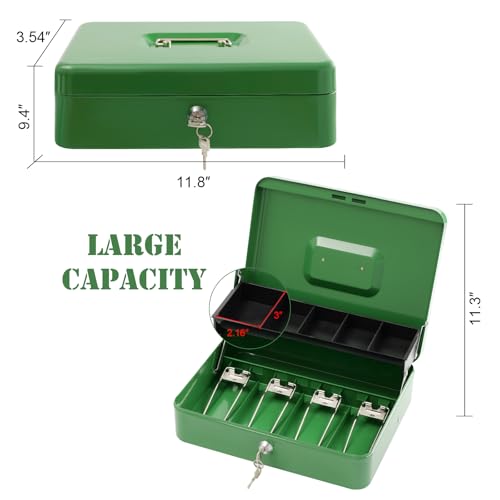 Image of Cash Box with Lock Key and Money Tray - Large Money Box for Cash Register, Metal Lock Box for Money Safe 11.8 inch x 9.4 inch x 3.54 inch Green