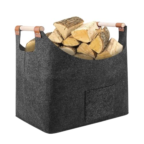 Filz Holzkorb - 55x40x32cm grauer Lagerraum, Kamin, tragbarer Griff Protokollhalter | Schwere Holzkiste für Winterlagerung, Wohnzimmer auf Kamintransport