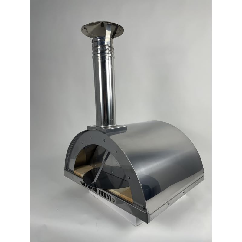 Forno Pizza a Legna Da Esterno - Cottura Diretta In Acciaio Inox e Mattoni Refrattari Biscotto 3 cm, Alfonso 2 Pizze Full Optional Inox, con Pirometro 500 Gradi e Porta Fuoco - Forno Pizza Da Giardino