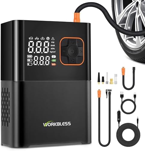 WorkBless Tire Inflator Portable Air Compressor, 150 PSI Car Tires Air Pump, Bike Pump with Digital Dual Values Display, LED Lights, Automatic Shut Off for Cars, Motorcycles, Bikes, Balls