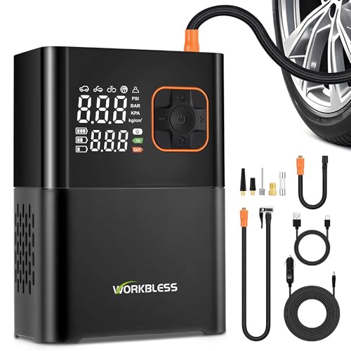 WorkBless Tire Inflator Portable Air Compressor, 150 PSI Car Tires Air Pump, Bike Pump with Digital Dual Values Display, LED Lights, Automatic Shut Off for Cars, Motorcycles, Bikes, Balls