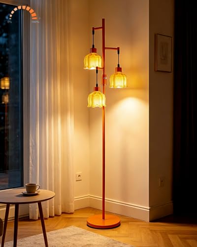 Image of Lightdot 3-Light Lotus Floor Lamp 65'' Dimmable with Orange Glass Shade & E12 Bulbs Included, Mid Century Tall Flower Lamp with 5Lbs Heavy Base for Living Room /Bedroom /Sofa Beside /Corner Decor - Gold