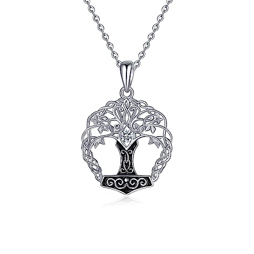 Viking Thor Hammer Necklace Tree of Life Pendant 925 Sterling Silver Norse Viking Jewelry Gifts Mjolnir Pendant for Women Men