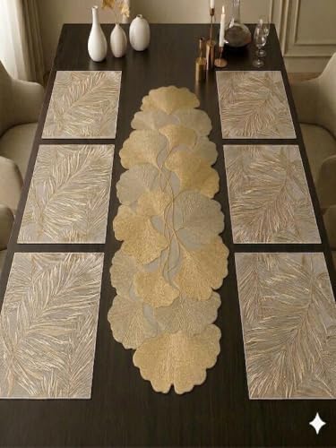 Image of Dakshya Industries PVC Waterproof Table Placemat & Table Runner Combo Set | 6 Dining Table Mats + 1 Runner | Heat Resistant, Washable, Non-Slip Table Mat Set (Home Elegance)