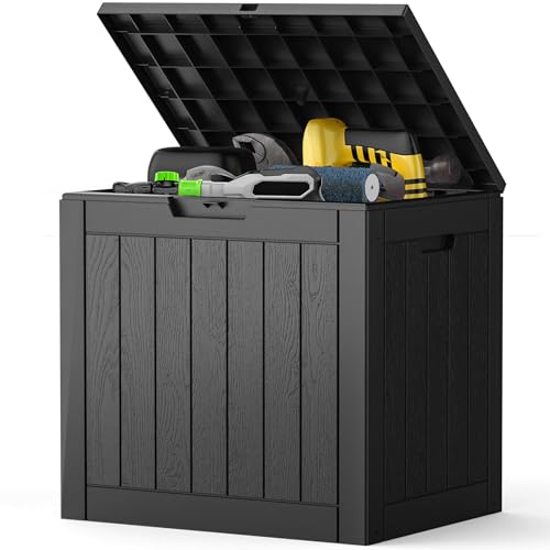 NEWBULIG 31 Gallon Outdoor Storage Box Waterproof Deck Box with Lockable Lid Patio Furniture Bench & Side Table Easy Assembly for Garden Pool Patio & Backyard Organization Black