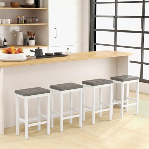 GOFLAME Butaco 24 Pulgadas Set de 2, Banquetas de Altura para Barra con Asiento de Cuero PVC Capitoneado y Reposapiés, Sillas Tapizadas para Pub con Estructura de Madera de Caucho Gris y Blanco miniatura 7