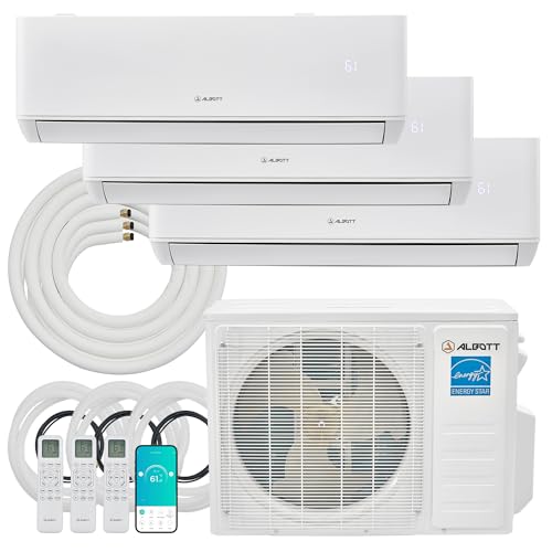 Albott Mini Split AC/Heating System, 28,000 BTU ODU, 22 SEER2 3 Zone 9K+9K+12K BTU Ductless Inverter Heat Pump, WiFi Enabled with Pre-Charged Condenser & 16.4 Ft Line Set, 208-230V, Energy-Efficient
