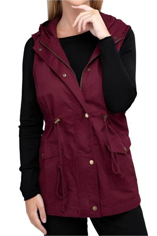 ZENANA Hooded Military Vest for Women in Burgundy Black/L4