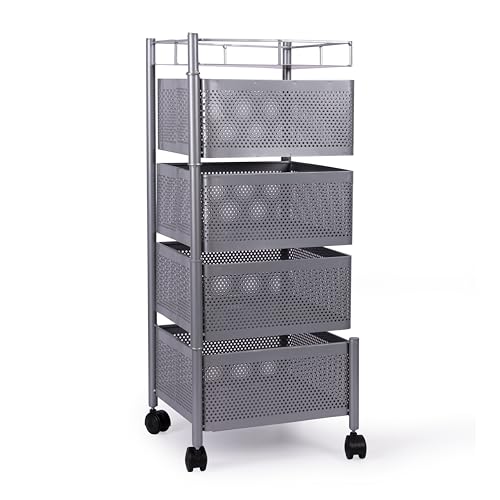 Image of KITCHIVO Kitchen Storage Rack | Revolving Vegetable Rack | Square Multipurpose Storage Trolley with Wheels | Metal Fruit Rack (Silver, 4 Layer)