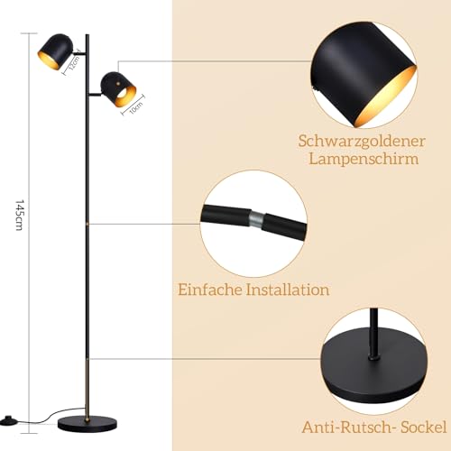 Kowanie Stehlampe Vintage Wohnzimmer Stehleuchte retro: Industrial Standleuchte 2 Flammig in Schwarz Gold Standlampe aus Metall E14 Schwenkbar 350° Leselampe für Schlafzimmer - Ohne Leuchtmittel