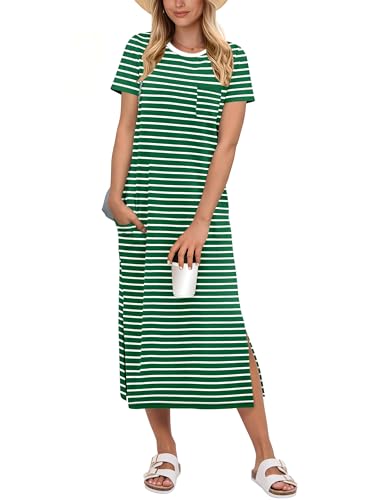 Image of ANRABESS Womens Midi Dress,Summer Long Tshirts Dresses,Short Sleeve Split Stripe,Comfy Travel Beach Vacation Casual Wear