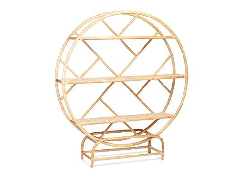 Desser Large Natural Rattan Bookcase Etagere – Sturdy Handmade Freestanding Bookshelf with 3 Shelves – Indoor Cane Circular Shelving Unit – W150cm x H168cm x D41cm