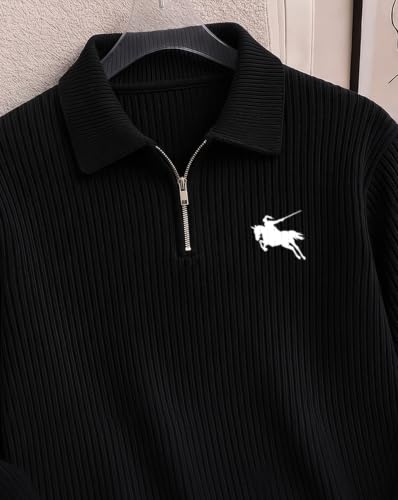 Buy AUSK Men's Frill Texture Polo T-Shirt | Solid Polo Zip Collar Full Sleeve T Shirt for Mens | Regular Fit Casual Wear Tshirt for Men Black at Amazon.in - Image 6