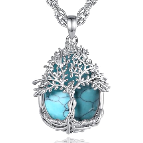 Image of AEONSLOVE Tree of Life Necklace Turquoise Necklace for Women Ladies Girls Life Tree Pendant Turquoise Jewellery Teardrop Healing Crystal Pendants Healing Stones and Crystals Jewellery Gifts