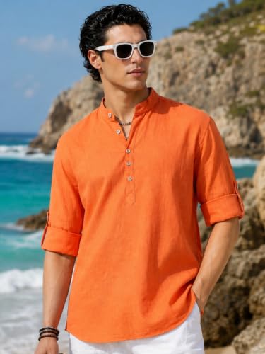 Image of Majestic Man Men's Pure Cotton Solid Mandarin Collar Slim Fit Roll-Up Sleeves Short Kurta Lightweight Summer Kurta for Daily & Occasion Use