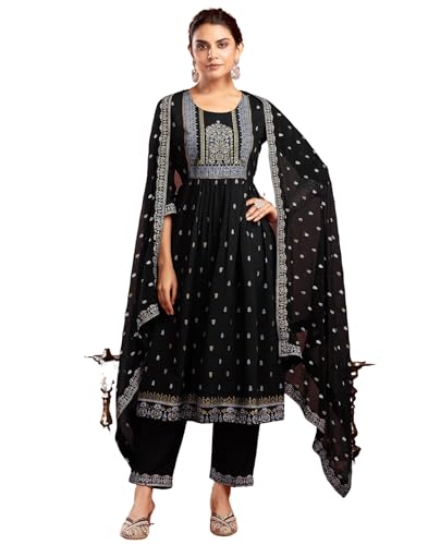 Image of SKYLEE Women's Printed & Gota Lace Cotton Silk Anarkali Kurta Set with Dupatta