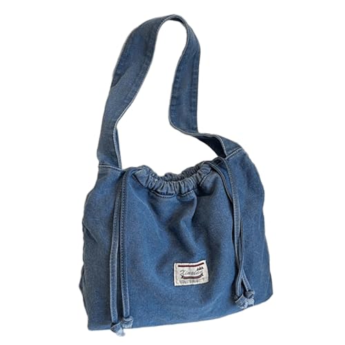 Vintage Denim Tote Bag - Drawstring Crossbody Purse, Retro Washed Canvas Shoulder Handbag