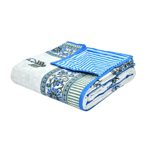 Image of BLOCKS OF INDIA 100% Cotton Dohar King Size Reversible Hand Block Printed Malmal Summer Dohar /Blanket (Blue Green Flower)