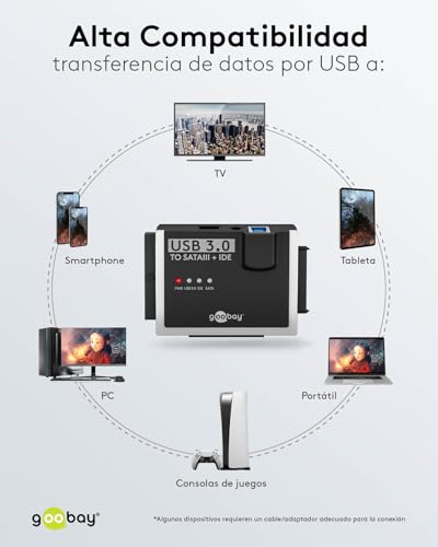 Adaptador SATA para discos duros USB 3.0 e IDE/USB Goobay HDD SSD con cables Molex y USB 6
