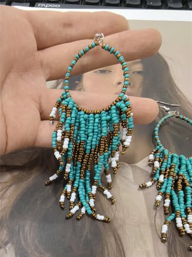 Boho Long Fringe Drop Dangle Statement Earrings for Women Girls Hademade Ball Beads Hoop Tassel Chain Woven Dangling Hook Chandelier Tribal Exaggerated Dream-catcher Jewelry4