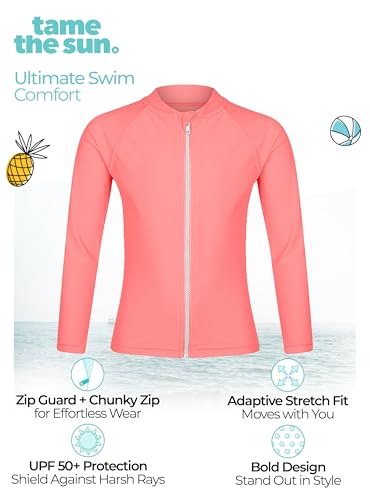 Image of Girls Long Sleeve Swim Shirt UPF 50+ Rash Guard One Piece Zipper Swim Shirt