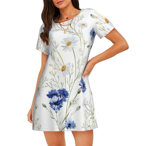 Chemise de nuit légère femme manches courtes motif fleurs sauvages bleuets
