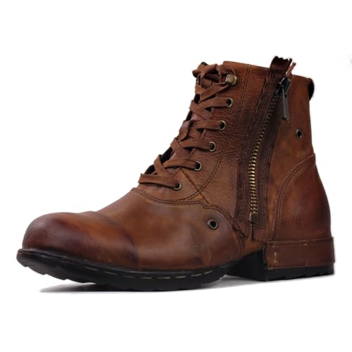Image of OSSTONE Moto Boots for Men Fashion Zipper-up Leather Chukka Boots Casual Shoes Retro Style OS-5008-8-Retro-US