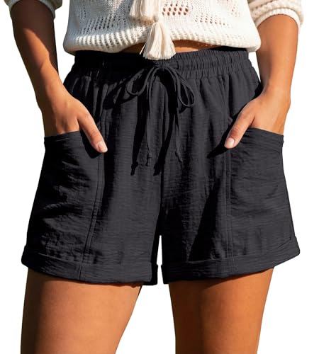 IWOLLENCE Womens Shorts with Pockets High Waisted Elasticated Waist with Drawstring Summer Lounge Ladies Loose Womens Comfy Shorts for Beach (Black M)