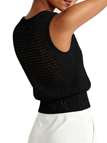 Image of Women's Crochet Tank Tops Sleeveless Sequins Lightweight Sweaters Bohemian Beach Hollow Out Knitted Vest