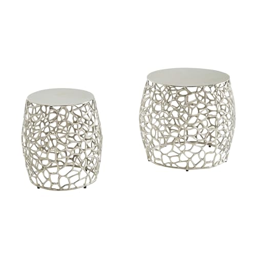 FineBuy Beistelltisch 2er Set Aluminium Silber Design Satztisch Metall Rund, Wohnzimmertisch Couchtisch AST-Struktur Modern, Sofatisch 2-teilig Wohnzimmer Dekotisch